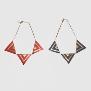 Set of 2 Geometric Triangle Statement Necklaces Red Blue Gold Choker 20”